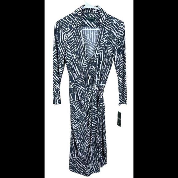 NEW Lauren Ralph Lauren Stretch Wrap Jersey Dress Size 2‎ Slate Abstract - Picture 1 of 7
